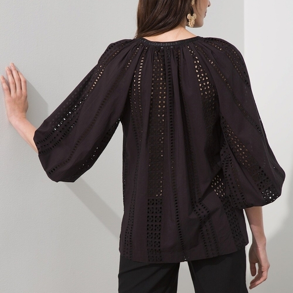 Chico's Black 3/4 Bell Sleeve Blouse with Embroidered Design - Picture 5 of 8